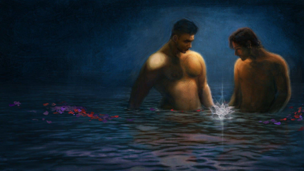 Two men facing each other in water over a glowing lotus, Verosoul artwork.
